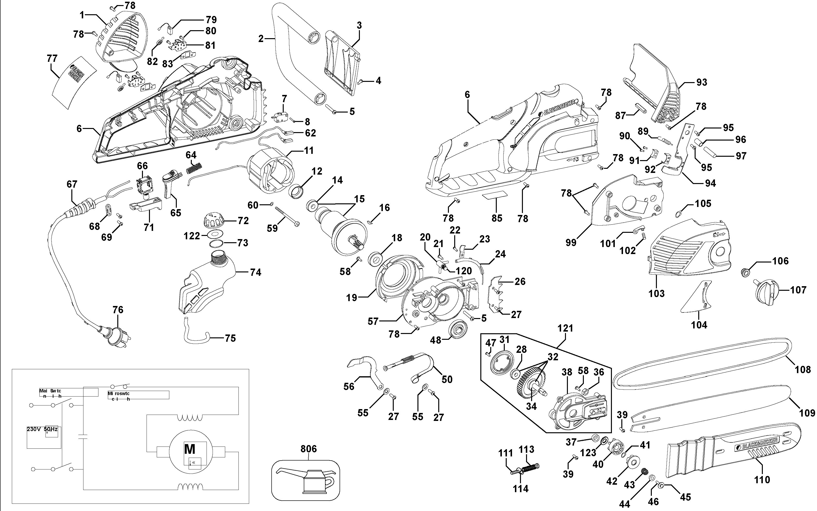 Default Diagram and Parts List for GK1740-B3 Type 1 Black and Decker Chainsaw
